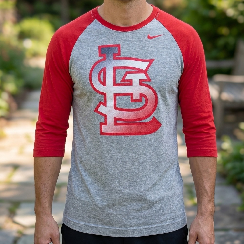 Nike St. Louis Cardinals MLB Raglan 3/4 Sleeve Slim Fit Grey Red Shirt 4582